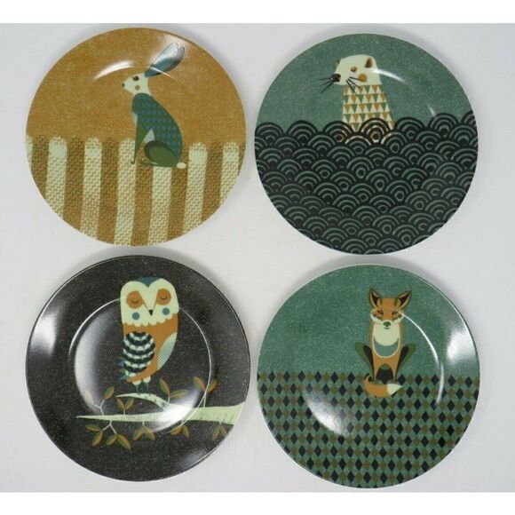 Magpie Dusk Wildlife Salad Plates-Tom Frost Design Set of 4 Otter Owl Fox Rabbit - Picture 1 of 6